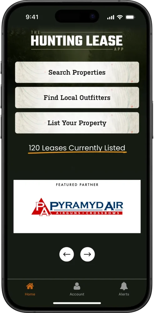 The Hunting Lease App, with search and outfitter listings for hunters