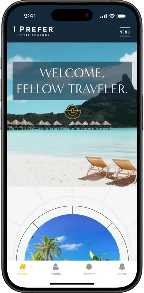 Preferred Hotels' I Prefer app, with its welcome screen for hotel rewards members