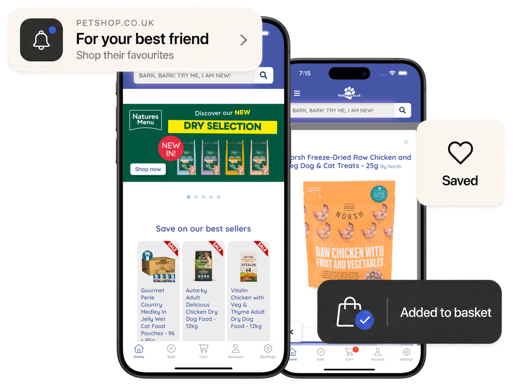 Two screens from PetShop.co.uk's mobile app, the home page and a product page for dog treats, with a push notification, a saved item and an added-to-basket confirmation