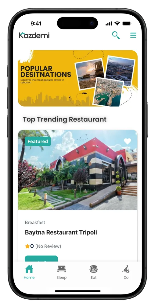 Kazderni's app, with popular destinations and restaurants in Lebanon
