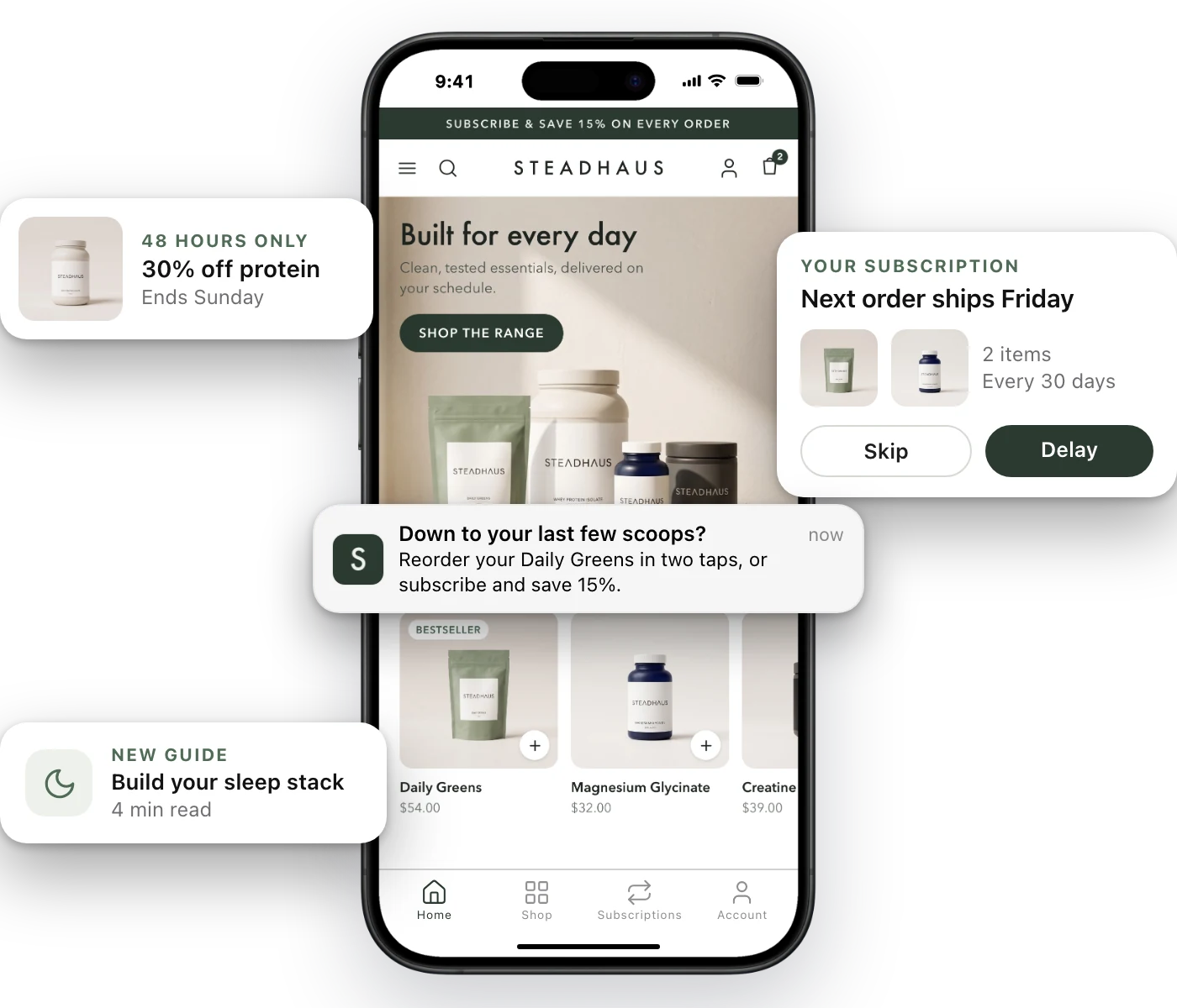 An example supplements brand's mobile app with a low-supply reorder push notification, a 48-hour protein offer, the next subscription order with skip and delay buttons, and a sleep stack guide
