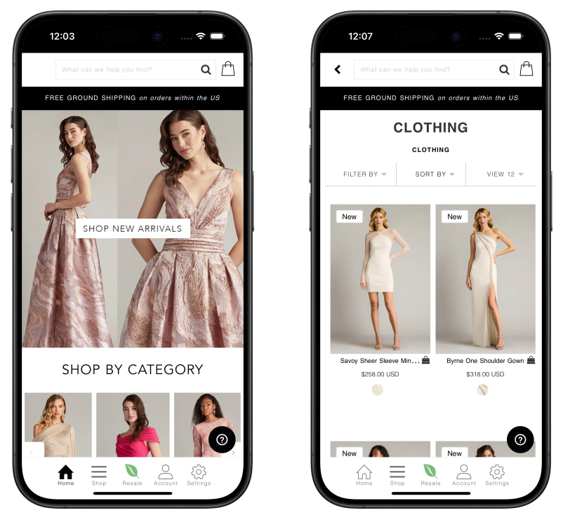 Two screens from Tadashi Shoji's mobile app, the home page with new arrivals and a clothing collection